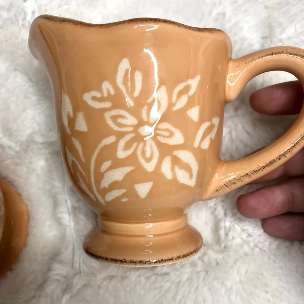 Vintage Cottagecore Bella Casa by Ganz, Creamer & Sugar Set, Peach White Flowers